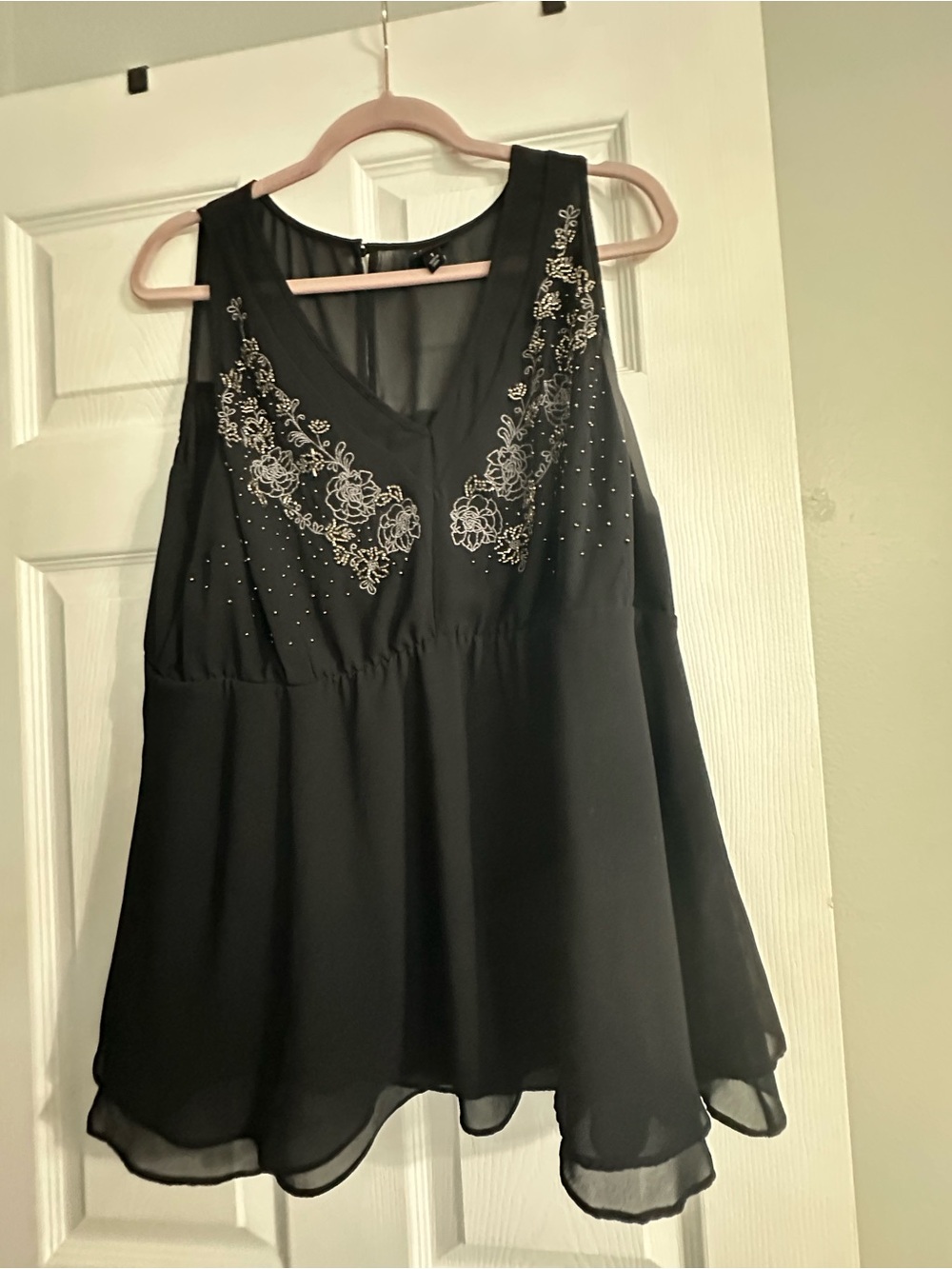 torrid Black Sleeveless Chiffon V-Neck Top with silver Embroidery